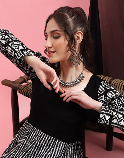 Black Printed Cotton Flared Kurta With Pant And Dupatta