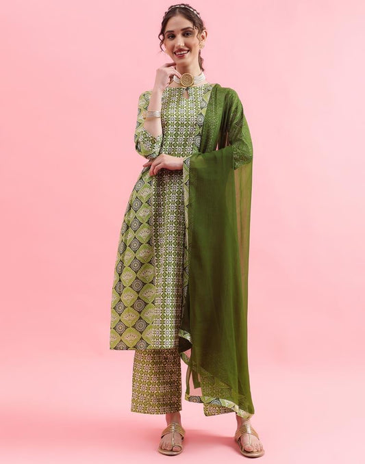 Green Printed Cotton Flared Kurta Set With Dupatta