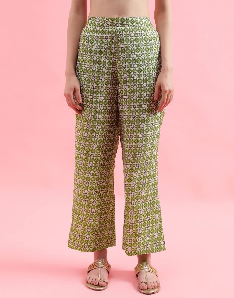 Green Printed Cotton Flared Kurta Set With Dupatta