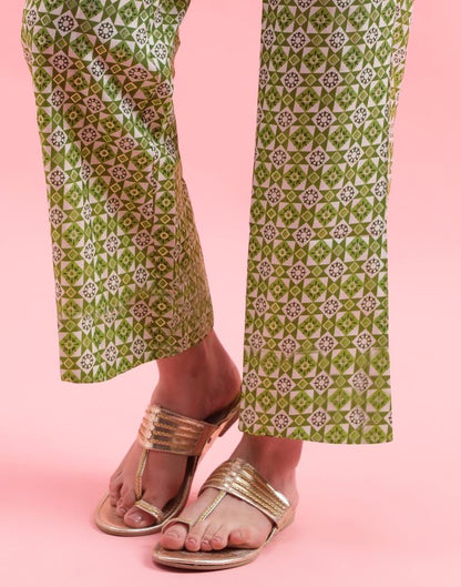 Green Printed Cotton Flared Kurta Set With Dupatta