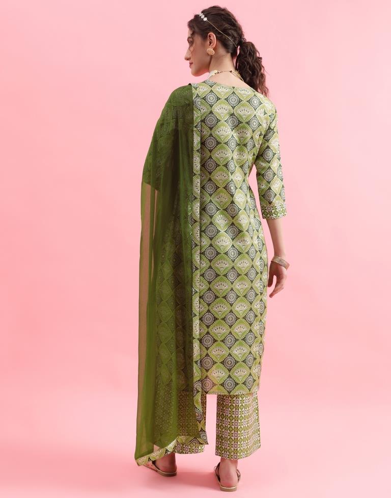 Green Printed Cotton Flared Kurta Set With Dupatta