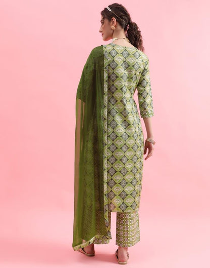 Green Printed Cotton Flared Kurta Set With Dupatta