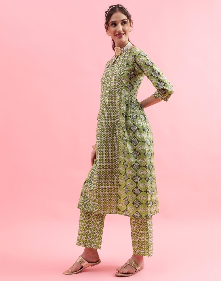 Green Printed Cotton Flared Kurta Set With Dupatta