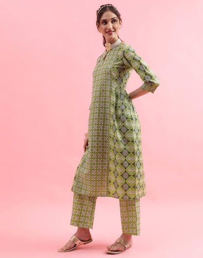 Green Printed Cotton Flared Kurta Set With Dupatta