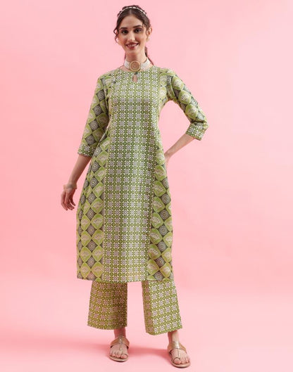Green Printed Cotton Flared Kurta Set With Dupatta