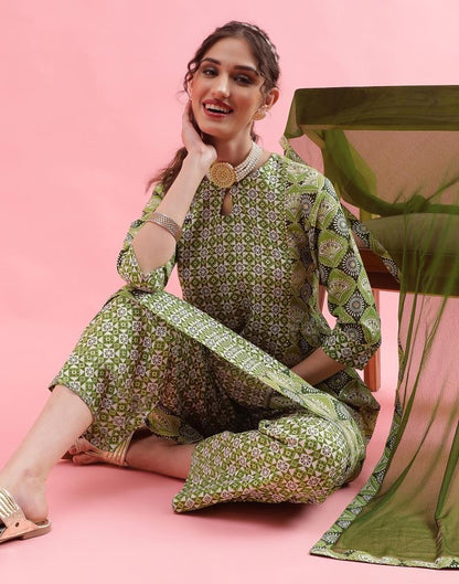 Green Printed Cotton Flared Kurta Set With Dupatta