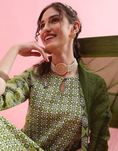 Green Printed Cotton Flared Kurta Set With Dupatta