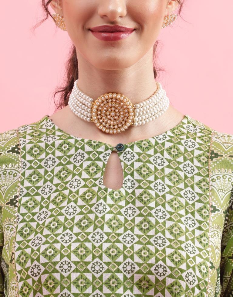 Green Printed Cotton Flared Kurta Set With Dupatta