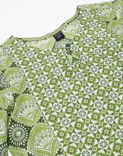 Green Printed Cotton Flared Kurta Set With Dupatta