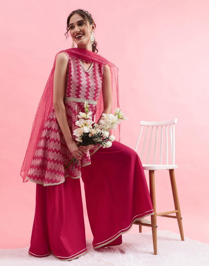 Pink Embroidery Chinnon A-line Kurta With Pant And Dupatta