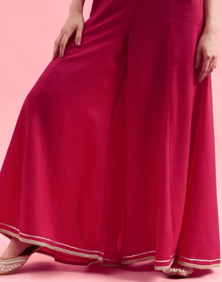 Pink Embroidery Chinnon A-line Kurta With Pant And Dupatta