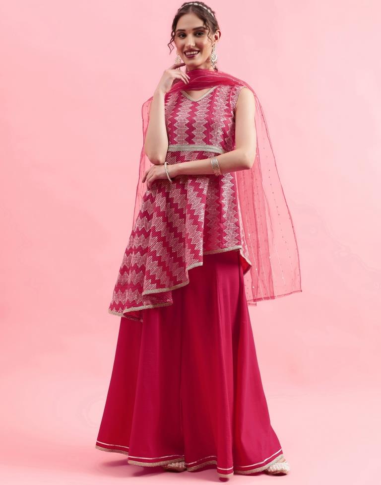 Pink Embroidery Chinnon A-line Kurta With Pant And Dupatta