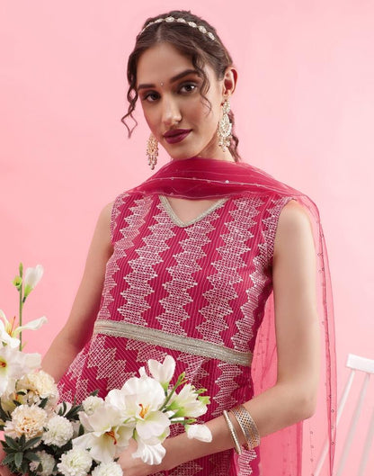 Pink Embroidery Chinnon A-line Kurta With Pant And Dupatta