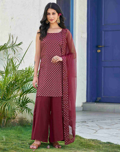 Maroon Embroidery Chinnon Straight Kurta With Pant And Dupatta