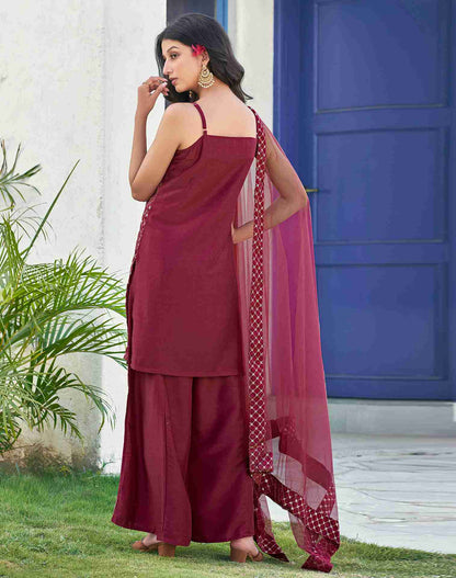 Maroon Embroidery Chinnon Straight Kurta With Pant And Dupatta