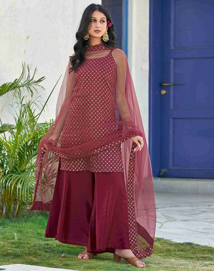 Maroon Embroidery Chinnon Straight Kurta With Pant And Dupatta