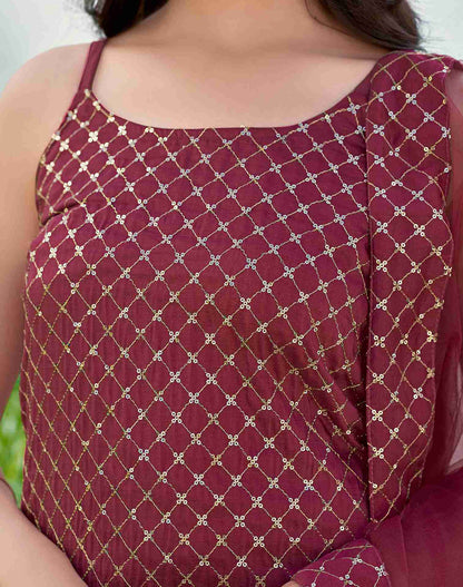 Maroon Embroidery Chinnon Straight Kurta With Pant And Dupatta