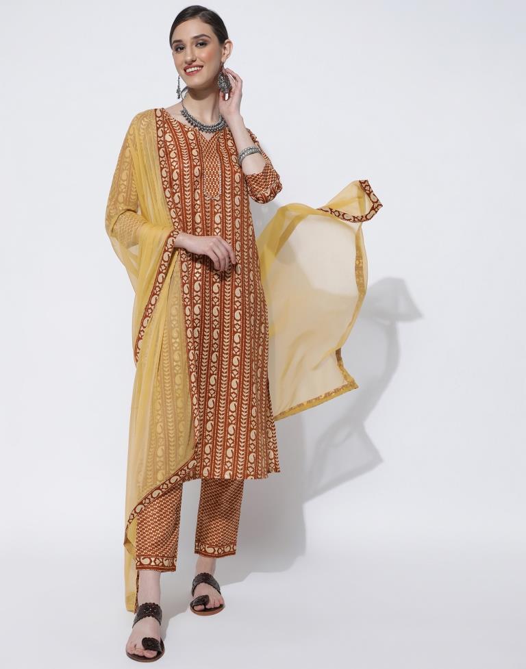 Brown Printed,Led Kurta With Pant And Dupatta