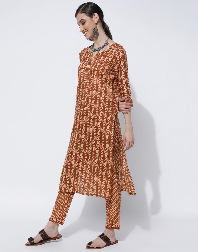 Brown Printed,Led Kurta With Pant And Dupatta