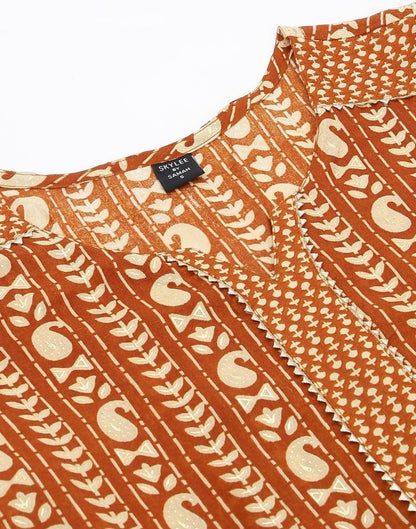 Brown Printed,Led Kurta With Pant And Dupatta