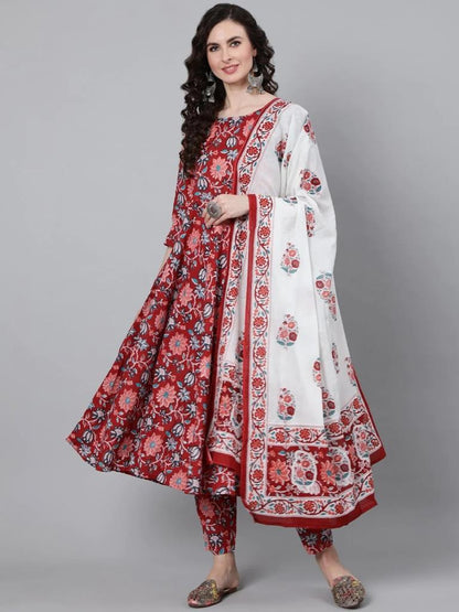 Red Printed Flared Kurta Kurti With Pant And Dupatta | Leemboodi