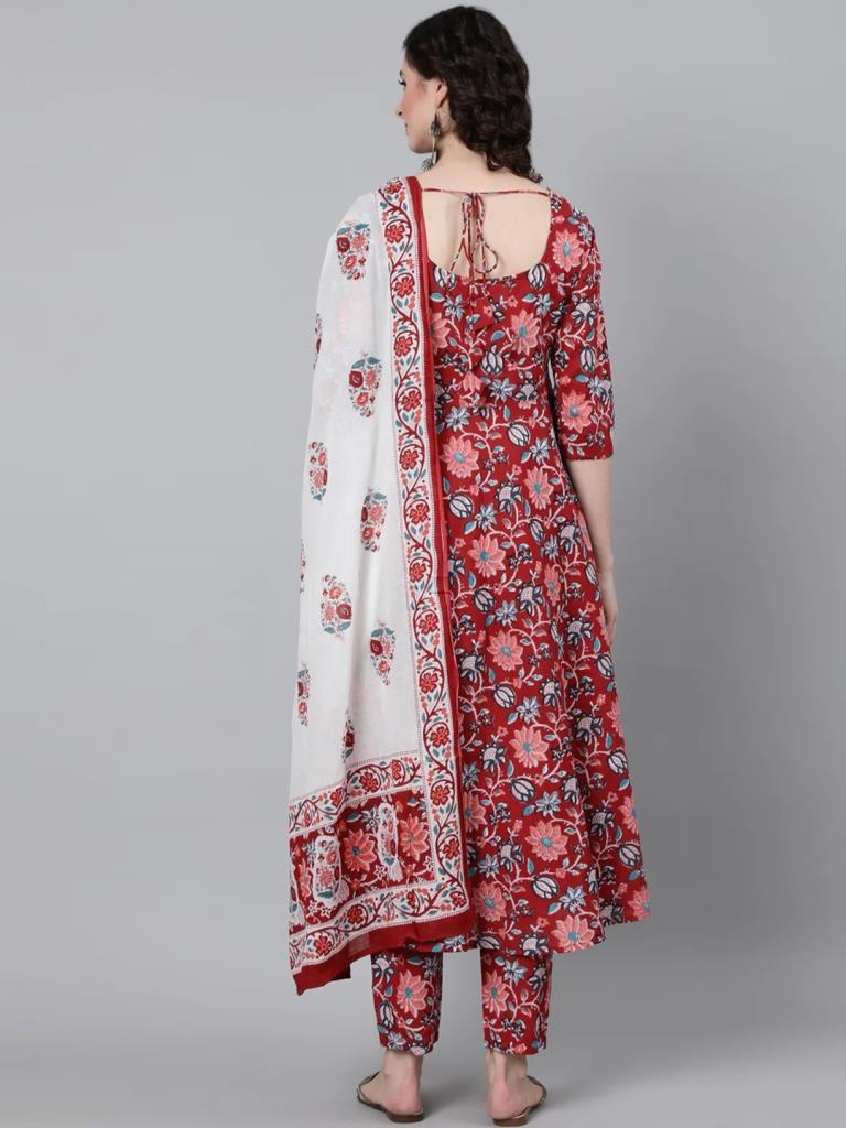 Red Printed Flared Kurta Kurti With Pant And Dupatta | Leemboodi