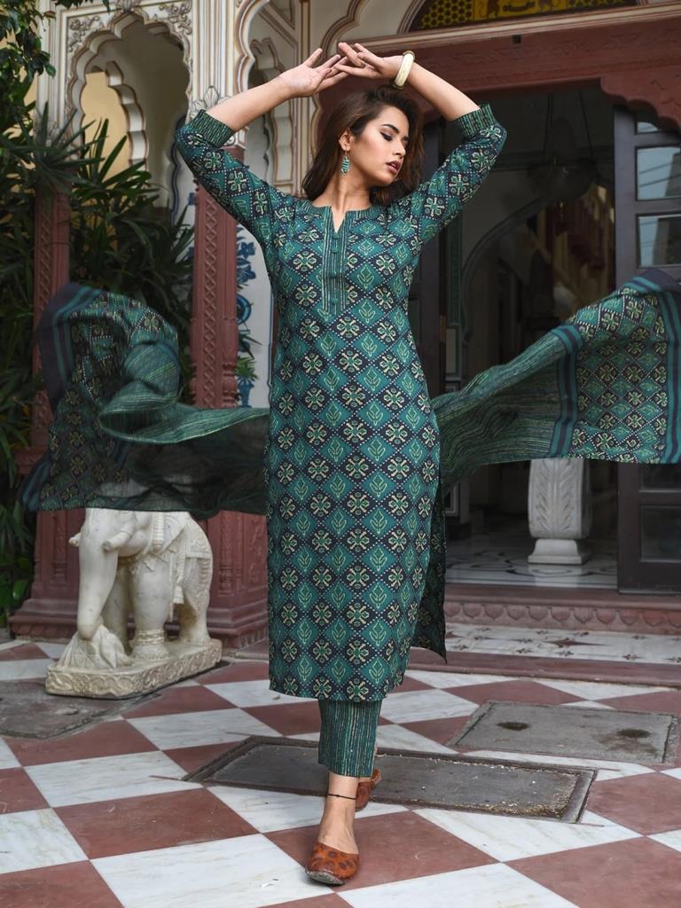 Green Printed Straight Kurta Kurti With Pant And Dupatta | Leemboodi