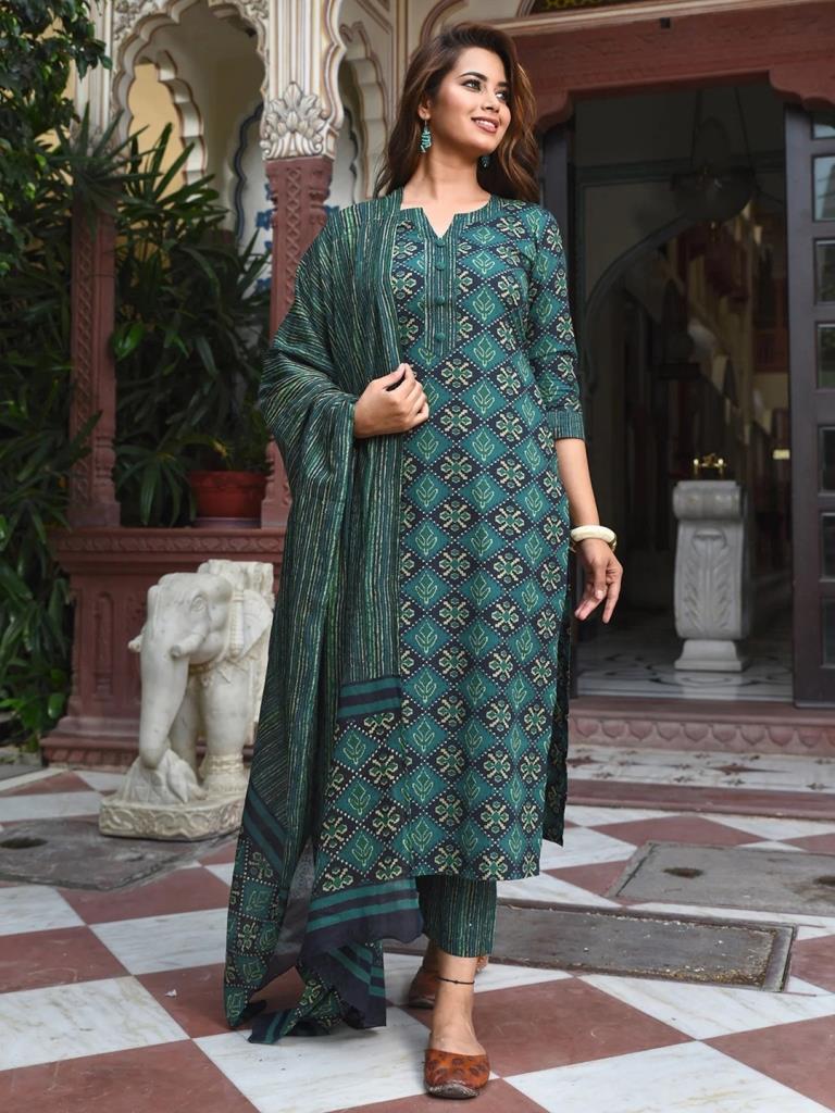 Green Printed Straight Kurta Kurti With Pant And Dupatta | Leemboodi