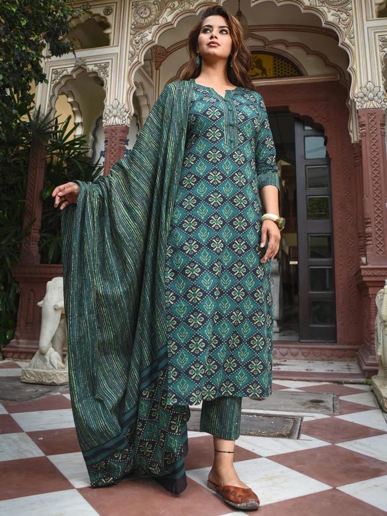 Green Printed Straight Kurta Kurti With Pant And Dupatta | Leemboodi