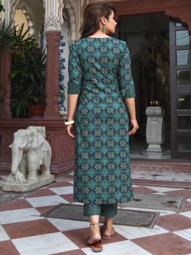 Green Printed Straight Kurta Kurti With Pant And Dupatta | Leemboodi