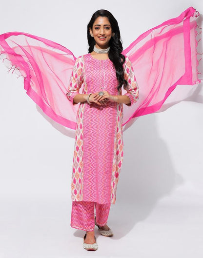 Pink Printed Rayon Straight Kurta With Pant And Dupatta