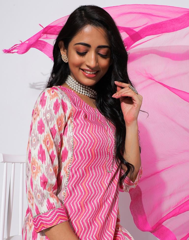 Pink Printed Rayon Straight Kurta With Pant And Dupatta