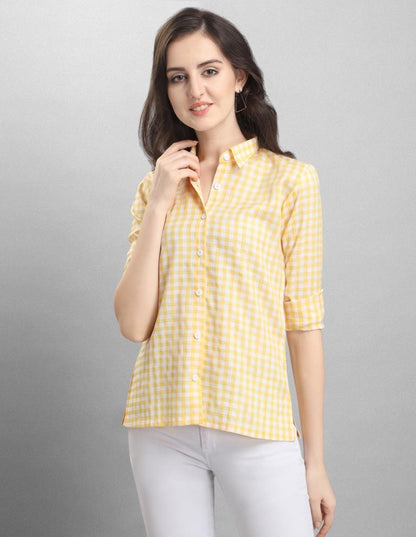 Precious Yellow Coloured Woven Checks Poly Cotton Shirt | Sudathi