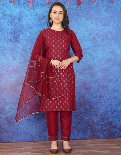 Maroon Printed Straight Kurti With Pant And Dupatta | Leemboodi