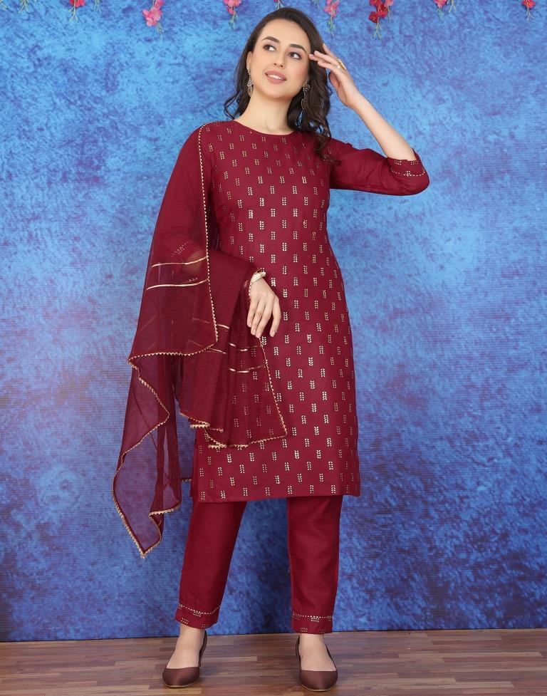 Maroon Printed Straight Kurti With Pant And Dupatta | Leemboodi