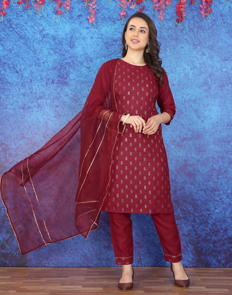 Maroon Printed Straight Kurti With Pant And Dupatta | Leemboodi