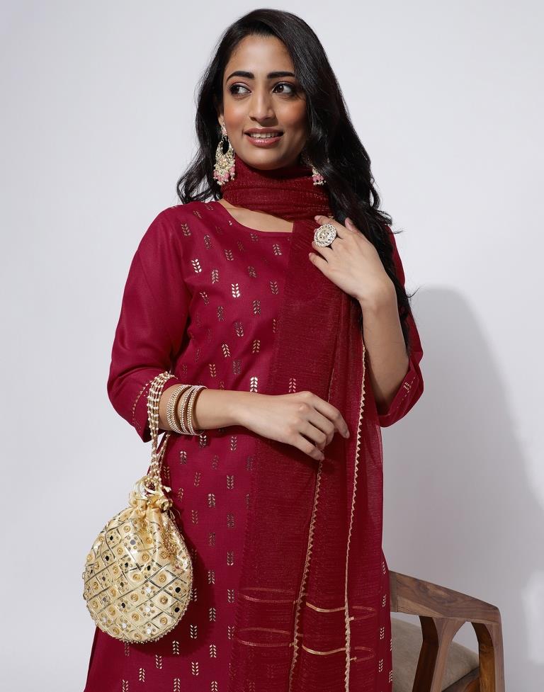 Maroon Printed Straight Kurti With Pant And Dupatta | Leemboodi