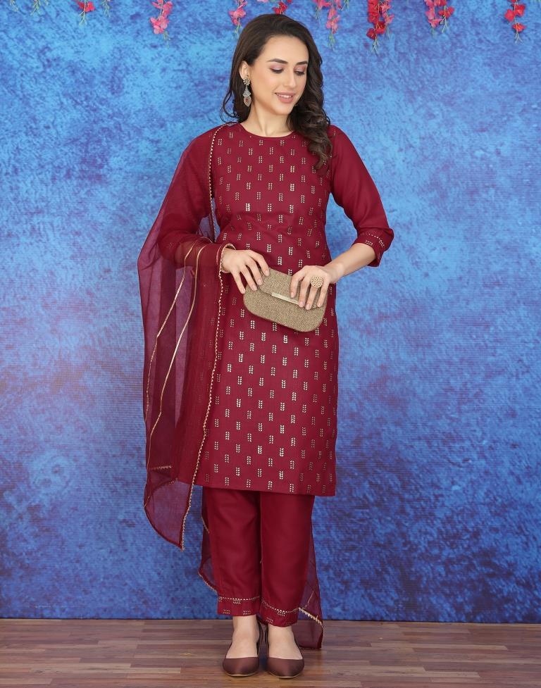 Maroon Printed Straight Kurti With Pant And Dupatta | Leemboodi