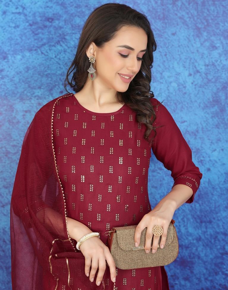 Maroon Printed Straight Kurti With Pant And Dupatta | Leemboodi