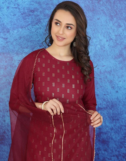 Maroon Printed Straight Kurti With Pant And Dupatta | Leemboodi