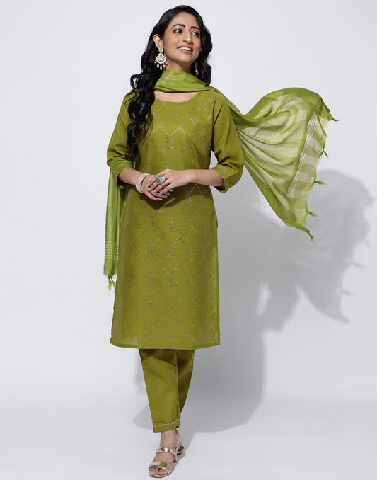 Olive Green Printed Straight Kurti With Pant And Dupatta | Leemboodi