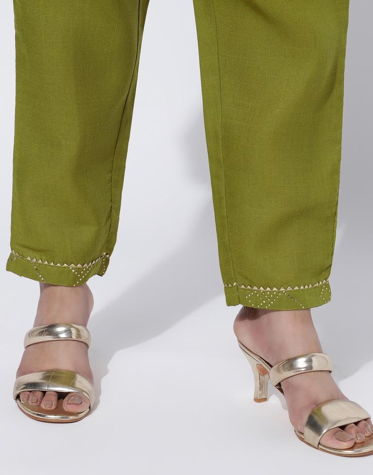 Olive Green Printed Straight Kurti With Pant And Dupatta | Leemboodi