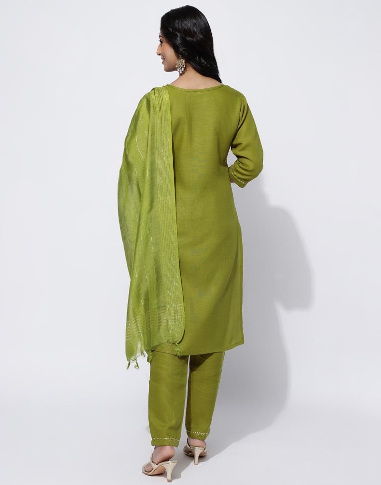 Olive Green Printed Straight Kurti With Pant And Dupatta | Leemboodi
