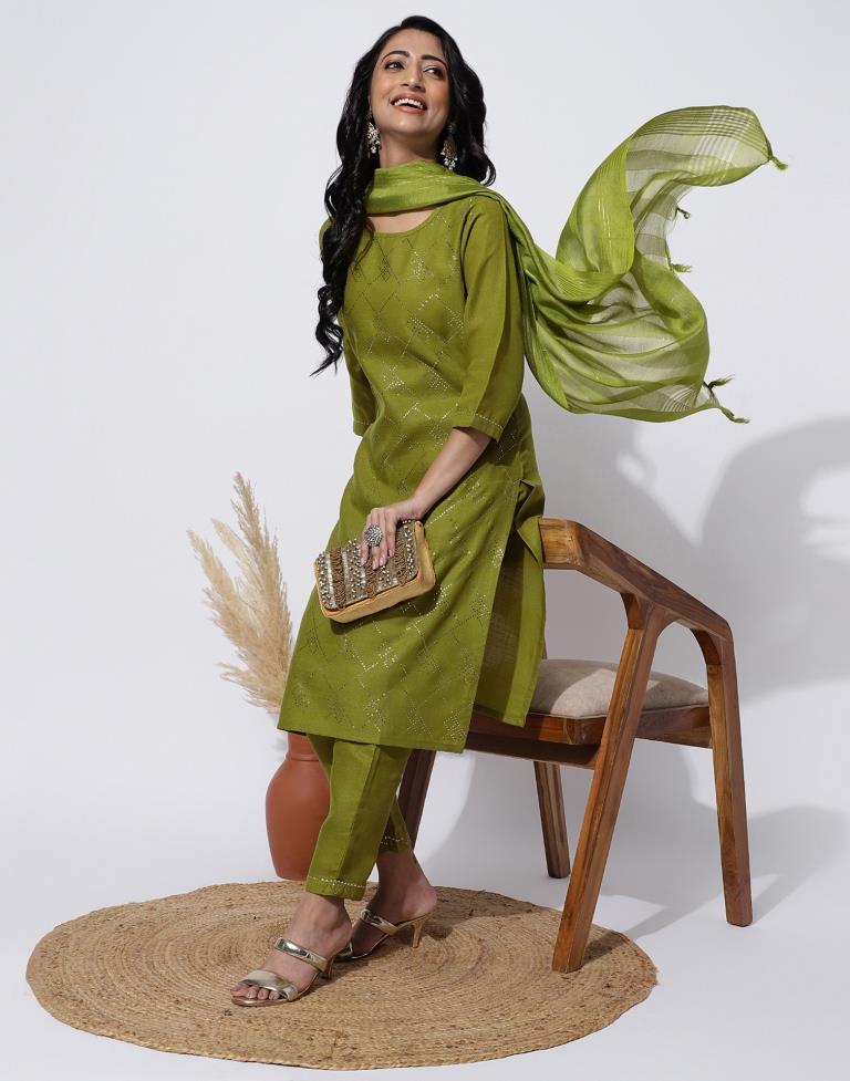 Olive Green Printed Straight Kurti With Pant And Dupatta | Leemboodi