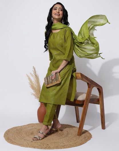 Olive Green Printed Straight Kurti With Pant And Dupatta | Leemboodi