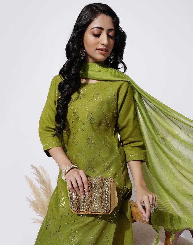 Olive Green Printed Straight Kurti With Pant And Dupatta | Leemboodi