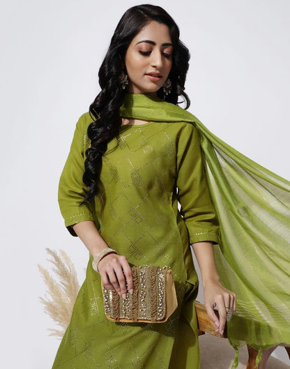 Olive Green Printed Straight Kurti With Pant And Dupatta | Leemboodi