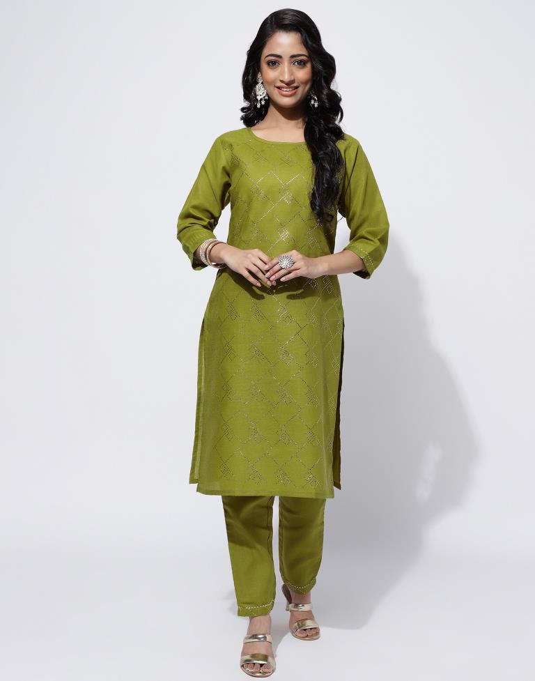 Olive Green Printed Straight Kurti With Pant And Dupatta | Leemboodi
