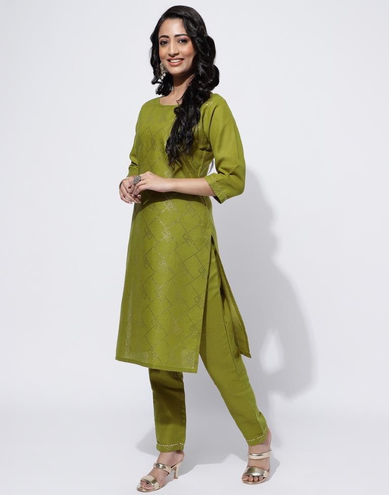 Olive Green Printed Straight Kurti With Pant And Dupatta | Leemboodi
