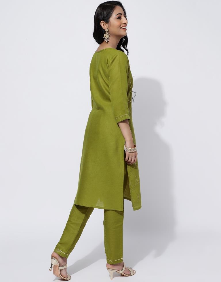 Olive Green Printed Straight Kurti With Pant And Dupatta | Leemboodi